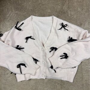 Cream Knit Button Sweater / Cardigan with Black Bow Accents